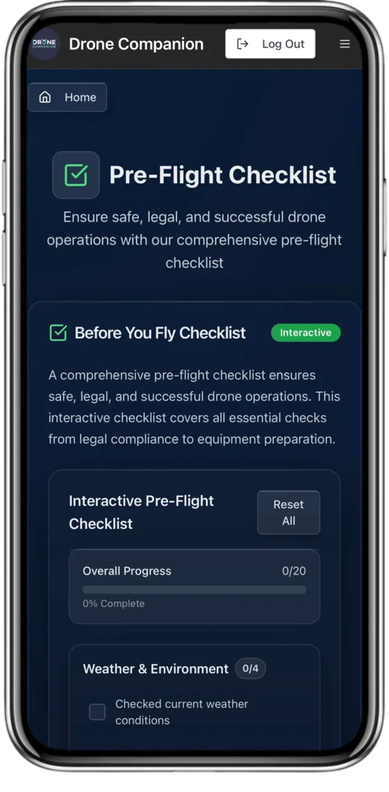 Pre flight checklist screen with overall progress bar