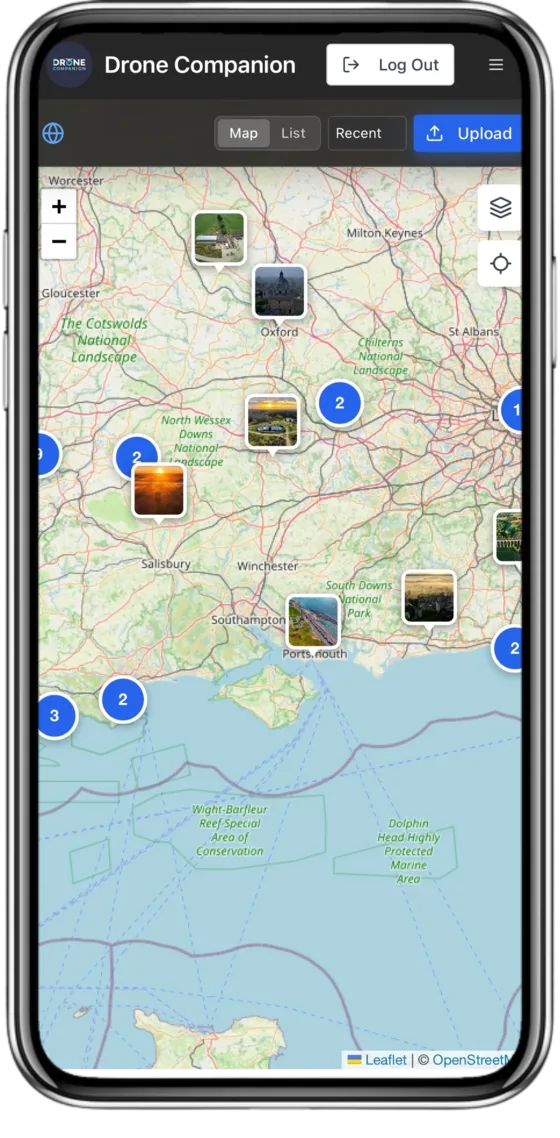 FlySpots map showing drone photo pins across southern England