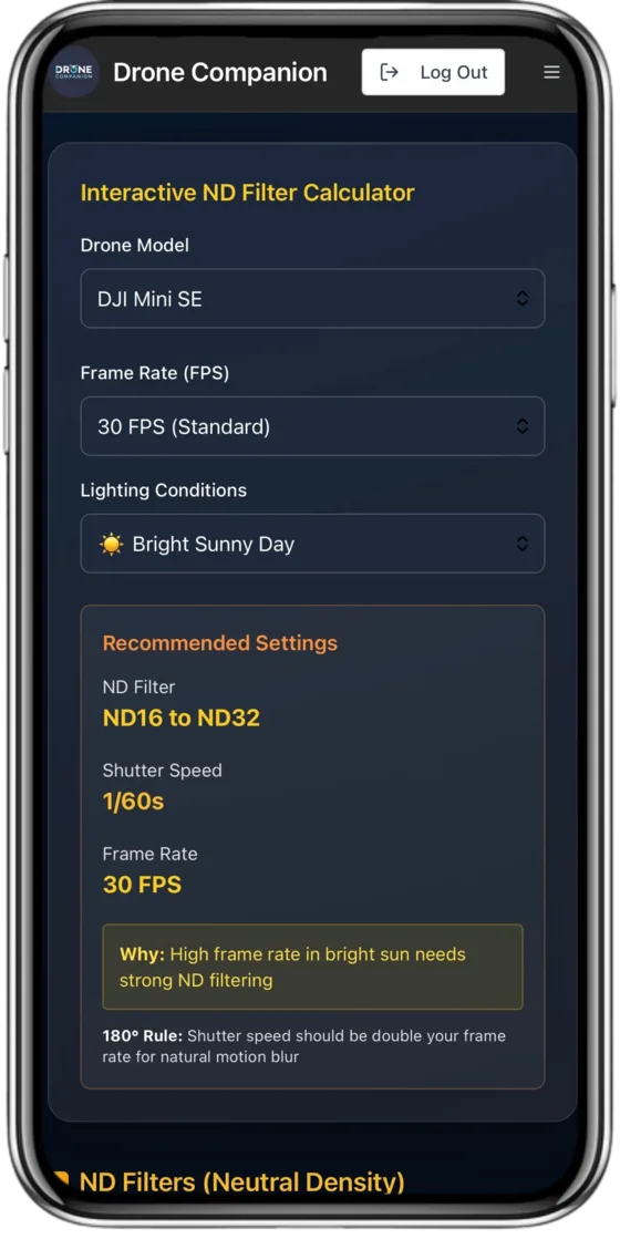 Interactive ND filter calculator showing recommended ND16 to ND32 filter for DJI Mini SE in bright sunlight