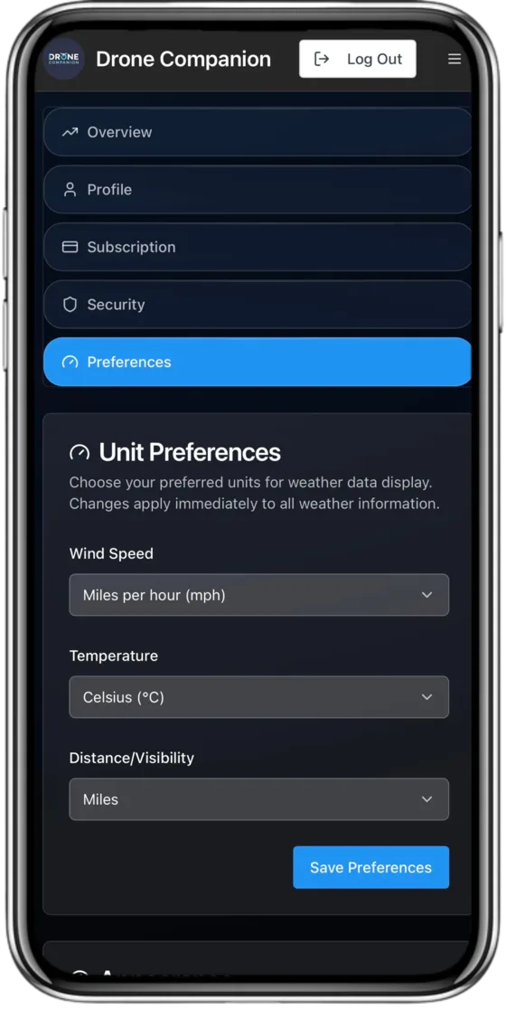 Profile and preferences screen