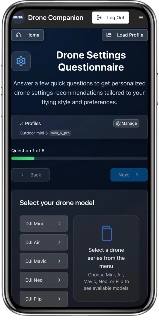 Drone settings questionnaire screen